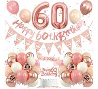 Balloon 60th Birthday Decoration Rose Gold, pink and white 60th birthday decorations, Number 60 balloons with banner, Cake Topper for women, 60th birthday party decorations