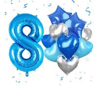 Balloon 8th Birthday, Blue Birthday Decoration 8 Year with Giant Foil Balloon 8 Silver Blue Heart Star Foil Balloons for 8th Birthday Boy Girl Birthday Decoration Party