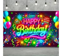 Balloon and confetti neon lights happy birthday banner party background decoration