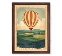 Balloon Over Pastoral Fields Vintage Framed Wall Art Print A4 (29.7×21cm) Walnut, Wall Decor for Living Room, Bedroom, Office & Home, Ready to Hang, Art Gift