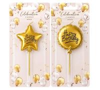 Balloon & Star Birthday Cake Topper Candles - Metallic Finish, Durable Easy Insert Picks, Decorative Party Cake Accent for Celebrations, Elegant Centrepiece to Enhance Any Cake Display (Golden)