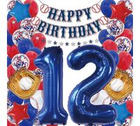 Balloon Town Baseball Birthday Decorations - 82PCS Party Set with 40” Number “12” Jumbo Balloon, Baseball Banner, Gloves, Balls, Blue & Red Balloons, Confetti & 18” Stars | Baseball Party Supplies