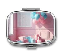 Balloons in The Room Pill Box 2 Compartment, Portable Pill Case with Mirror for Pocket Purse Travel, Mini Metal Medicine Organizer for Vitamins Fish Oil