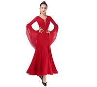 Ballroom Dance Dress for Women National Standard Waltz Dancing Clothes Big Swing Floating Sleeve Modern Performance Costume(Red,M)