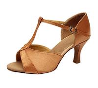 Ballroom Dance Shoes for Women T Bar Sparkly Sequins Open Toe Ankle Strap Buckle Mid Heel Glitter Salsa Tango Wedding Party Evening Performance Shoes Brown, Size 3.5