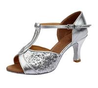 Ballroom Dance Shoes for Women T Bar Sparkly Sequins Open Toe Ankle Strap Buckle Mid Heel Glitter Salsa Tango Wedding Party Evening Performance Shoes Silver, Size 4.5