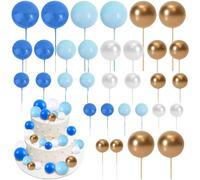 Balls Cake Decorations, 103 Pcs Mini Balloons Cake Topper Sticks, Foam Balls Cake Picks Cake Topper for Wedding Party Birthday Cake Decorating (Blue, Gold and White)