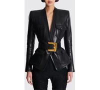 BALMAIN Cropped Lamb Leather Jacket with Belt and Padded Shoulders - Size: 40 - female