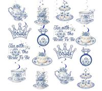 Balterever 24pcs Tea with The Bride to Be Hanging Swirl Decorations, Blue Chinese Style Tea Party Ceiling Decor for Bridal Shower Tea Theme Celebration Elegant Wedding Shower Room Decorations Set