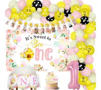 Balterever Bee 1st Birthday Decorations for Girls Pink Yellow So Sweet To Bee One Bday Cake Topper Photo Banner Backdrop for Honey 1st Bday Themed Party