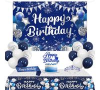 Balterever Blue and Silver Birthday Decorations for Men Boys Women Girls Blue Silver Happy Birthday Backdrop Tablecloth Sash Cake Topper Crown for 16th 18th 21st 25th 30th 40th 50th Party Supplies