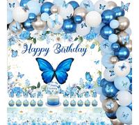 Balterever Blue Butterfly Birthday Decorations Kit for Girl - Includes Backdrop, Arch, Wall Stickers, Tablecloth, Cupcake Toppers, Banner & More (Female, Ages 1-3)