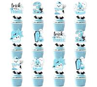 Balterever Blue Halloween 3rd Birthday Party Decorations for Boys 24PCS Trick or Three Birthday Cupcake Toppers Boo Im Three Bday Cake Decors Ghost Bat Pumpkin Halloween Bday Decorations