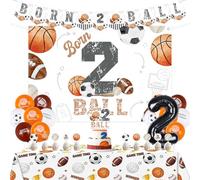 Balterever Born 2 Ball Birthday Decoration Football Basketball Baseball Party Supplies with Born Two Ball Birthday Banner Backdrop Tablecloth Cake Cupcake Toppers for Sports 2nd Bday Party Supplies