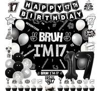 Balterever Bruh I'm 17 Birthday Decorations Black and White Backdrop Banner Kit with Sash, Cake and Cupcake Toppers, Hanging Swirls for Teen 17th Birthday Party Celebration