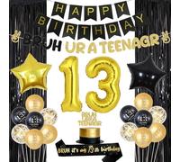 Balterever Bruh Ur a Teenager Birthday Decorations, Black and Gold Foil Curtain Set with Sash, Balloons, Cake Topper and Banner, Number 13 Foil for Boys or Girls 13th Birthday Party Celebration