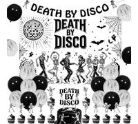 Balterever Death By Disco Halloween Party Decorations Set Black White Skeleton Dance Theme Banner Backdrop Balloons Cupcake Toppers Cake Topper for Spooky Disco Halloween Celebration Decor