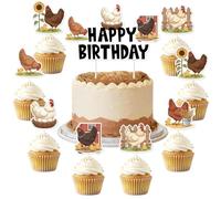 Balterever Farm Chicken Cake Cupcake Toppers for Birthday Party - 2-Sided | Barnyard Theme Cake Decorations Set for Kids and Adults | Rustic Farm Animal Party Supplies for Year-Round Celebration