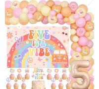 Balterever Five is a Vibe Birthday Party Decorations for Girls Groovy 5th Birthday Backdrop Cupcake Cake Toppers for Retro Hippie 60s 70s Five Year Party Supplies