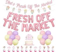 Balterever Fresh Off The Market Bridal Shower Decorations Pink Wildflower She is Fresh Off The Market Banner Garland Cupcake Cake Toppers for Adult Bridal Shower Bachelorette Wedding Party