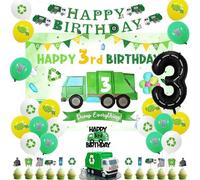 Balterever Garbage Truck 3rd Birthday Decoration for Boys Trash Truck 3rd Bday Backdrop Banner Garbage Truck Cake Cupcake Toppers Number 3 Balloon for Waste Management Recycling Truck Party Supplies