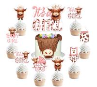 Balterever Highland Cow Baby Shower Decorations for Girls Pink Holy Cow Are Having a Baby Cake Cupcake Toppers for Holy Cow Baby Shower Supplies