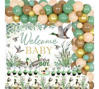 Balterever Mallard Duck Baby Shower Decoration for Boys Duck Hunting Baby Shower Backdrop Cupcake Cake Topper Tablecloth a Little Hunter Is On The Way Balloon Garland Kit for Hunting Supplies