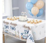 Balterever Retro Train 2nd Birthday Tablecloth Set for Children, Chugga Chugga Two Two Party Table Covers, 107.9 x 51.2 Inches, Train Theme Second Birthday Decorations