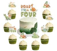 Balterever Roar I'm Four Dinosaur 4th Birthday Decorations Vintage Dino Cake Topper Set for Kids Party Dessert Table Decor with 1 Large Topper and 12 Cupcake Toppers for Four-Year Celebration