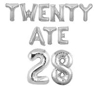 Balterever Silver Twenty Ate Foil Balloons 28th Birthday Decorations Twenty Ate Banner Set Silver 16in Letters and 32in Number 28 Balloons for Women 28th Birthday Party Décor with Ribbon