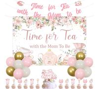Balterever Tea Baby Shower Decorations Pink Time for Tea with The Mom to Be Backdrop Banner Teacup Teapot Cupcake Cake Toppers for Pregnancy Announcement Gender Reveal Party Baby Shower Supplies