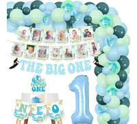 Balterever The Big One Surf Party Decorations Surf Photo Banner The Big One Cake Topper Blue Surf Theme Balloon Garland Surfing High Chair Banner for Summer Surfing Beach Wave Surfs 1st Birthday