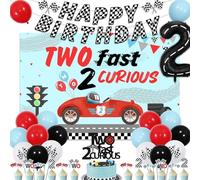 Balterever Two Fast 2 Curious 1st Birthday Party Decoration Set - Red, Blue, Black & White Latex Balloons, “HAPPY BIRTHDAY” Banner, Kids Toddler Birthday Supplies Kit