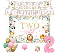 Balterever Two Wild Birthday Decoration Set - Pink Green “Two Wild” Party Backdrop Jungle Safari 2nd Birthday Decor with Number 2 Foil Balloon & Animal Print Decor Wild Animal Party Pack for Girls