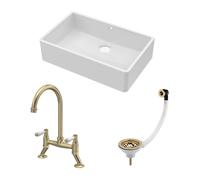 Balterley 1 Bowl Butler Sink with Overflow Waste Tap Brushed Brass 795mm in White Balterley White