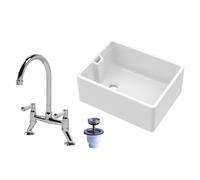 Balterley 595mm Belfast Kitchen Sink Single Bowl with Weir Overflow, Mono French Classic Crosshead Mixer Tap & Waste, Durable Belfast White Ceramic Kitchen Sink Bowl, Reversible Sinks (White/Chrome)