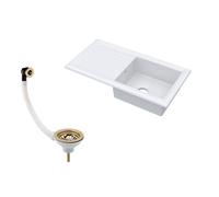 Balterley 1 Bowl Fireclay Ceramic Inset Kitchen Sink With Drainer & Brushed Brass Waste, 1010mm - White