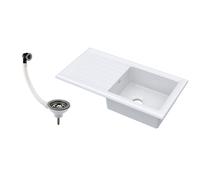 Balterley 1 Bowl Fireclay Ceramic Inset Kitchen Sink with Drainer & Brushed Pewter Waste, 1010mm - White
