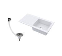 Balterley 1 Bowl Fireclay Ceramic Inset Kitchen Sink with Drainer & Brushed Nickel Waste, 1010mm - White