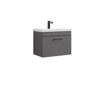 Rio 1 Drawer Wall Hung Vanity Basin Unit - 600mm - Gloss Grey with Square Black D-shaped handle (Tap Not Included) - Balterley