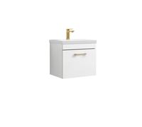 Rio 1 Drawer Wall Hung Vanity Basin Unit - 500mm - Gloss White with Brushed Brass D-shaped handle (Tap Not Included)