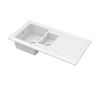 Balterley Ceramic Kitchen Sink with Drainer & Overflow Hole, 101cm Bowl Inset Fireclay White Kitchen Sink, 1.5 Double Bowl Reversible Sinks with Grooved Drainer - 1010 x 525 x 235mm (White)