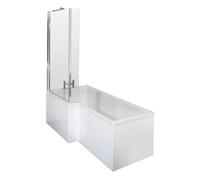 Balterley 1500 x 850mm L Shape Shower Bath with Leg Set, Chrome Fixed Return Shower Screen & L Shaped Bath Panel, Left Hand Single Ended Gloss White Soaking Baths, Acrylic Baths (White)