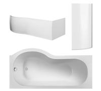 Balterley 1500 x 850mm P Shape Shower Bath with Leg Set, Chrome P Shape Shower Screen & P-Shaped Bath Panel, Right Hand Single Ended Gloss White Soaking Baths, Acrylic Baths (White)