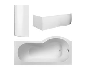 Balterley 1500 x 850mm P Shape Shower Bath with Leg Set, Chrome P Shape Shower Screen & P-Shaped Bath Panel, Left Hand Single Ended Gloss White Soaking Baths, Acrylic Baths (White)