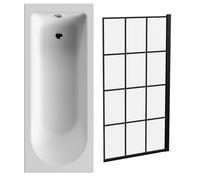 Balterley 1700 x 700mm Round Shower Bath with Leg Set & Black Square Framed Shower Screen, Straight Single Ended Gloss White Soaking Shower Baths, Round End Soaking Bathtub, Acrylic Baths