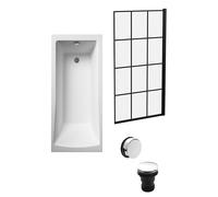 Balterley 1700 x 700mm Square Shower Bath with Leg Set, Black Square Framed Shower Screen & Chrome Waste, Straight Single Ended Gloss White Soaking Bathtubs, Rectangular Soaking Bathtub