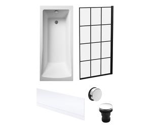 Balterley 1700 x 700mm Square Shower Bath with Leg Set, Black Square Framed Shower Screen, Chrome Waste, & Front Bath Panel, Straight Single Ended Gloss White Soaking Bathtubs
