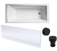 Balterley 1700 x 700mm Square Shower Bath with Leg Set, Black Waste, & Front Bath Panel, Straight Single Ended Gloss White Soaking Bathtubs, Acrylic Baths, Rectangular Soaking Bathtub