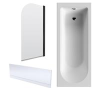 Balterley 1700 x 750mm Round Shower Bath with Leg Set, Black Round Corner Shower Screen & Front Bath Panel, Straight Single Ended Gloss White Soaking Bathtubs, Rectangular Soaking Bathtub